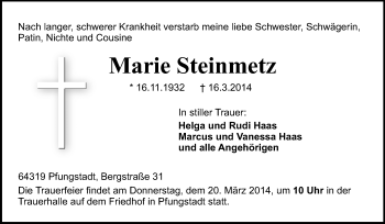 Traueranzeige von Marie Steinmetz von Echo-Zeitungen (Gesamtausgabe)