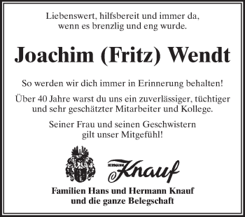 Traueranzeige von Joachim Fritz Wendt von Echo-Zeitungen (Gesamtausgabe)