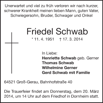 Traueranzeige von Friedrich Schwab von Rüsselsheimer Echo, Groß-Gerauer-Echo, Ried Echo