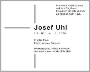 Traueranzeige von Josef Uhl von Starkenburger Echo, Bergsträßer Anzeiger
