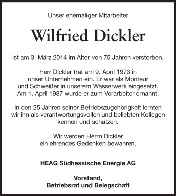 Traueranzeige von Wilfried Dickler von Echo-Zeitungen (Gesamtausgabe)