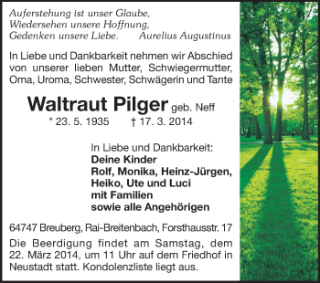 Traueranzeige von Waltraut Pilger von Odenwälder Echo