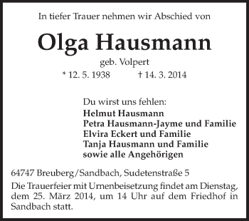 Traueranzeige von Olga Hausmann von Odenwälder Echo
