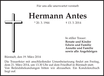 Traueranzeige von Hermann Antes von Starkenburger Echo