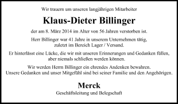 Traueranzeige von Klaus-Dieter Billinger von Echo-Zeitungen (Gesamtausgabe)