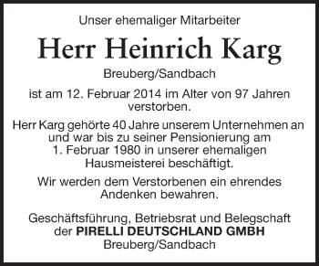 Traueranzeige von Heinrich Karg von Odenwälder Echo