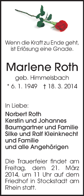 Traueranzeige von Marlene Roth von Rüsselsheimer Echo, Groß-Gerauer-Echo, Ried Echo