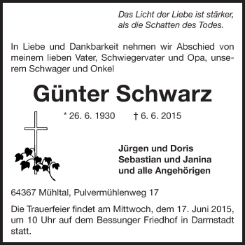 Traueranzeige von Günter Schwarz von Echo-Zeitungen (Gesamtausgabe)