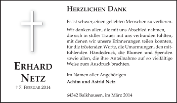 Traueranzeige von Erhard Netz von Echo-Zeitungen (Gesamtausgabe)