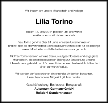Traueranzeige von Lilia Torino von Echo-Zeitungen (Gesamtausgabe)