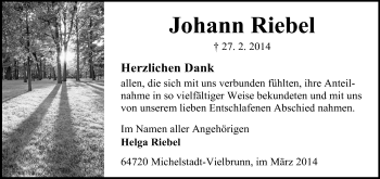Traueranzeige von Johann Riebel von Odenwälder Echo