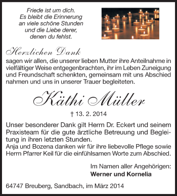 Traueranzeige von Käthie Müller von Odenwälder Echo