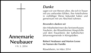 Traueranzeige von Annemarie Neubauer von Rüsselsheimer Echo, Groß-Gerauer-Echo, Ried Echo