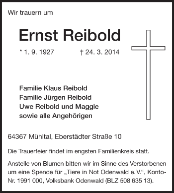 Traueranzeige von Ernst Reibold von Echo-Zeitungen (Gesamtausgabe)