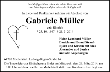 Traueranzeige von Gabriele Müller von Darmstädter Echo