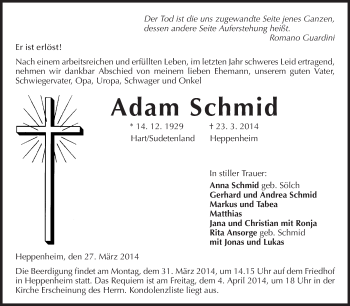 Traueranzeige von Adam Schmid von Starkenburger Echo