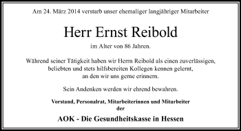 Traueranzeige von Ernst Reibold von Echo-Zeitungen (Gesamtausgabe)