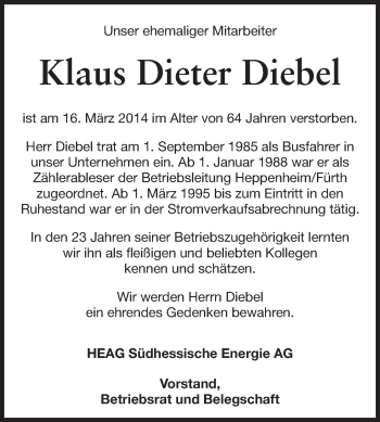 Traueranzeige von Klaus Dieter Diebel von Echo-Zeitungen (Gesamtausgabe)
