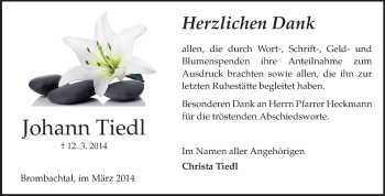 Traueranzeige von Johann Tiedl von Odenwälder Echo