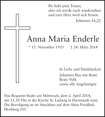 Traueranzeige von Anna Maria Enderle von Echo-Zeitungen (Gesamtausgabe)