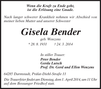 Traueranzeige von Gisela Bender von Darmstädter Echo, Odenwälder Echo, Rüsselsheimer Echo, Groß-Gerauer-Echo, Ried Echo