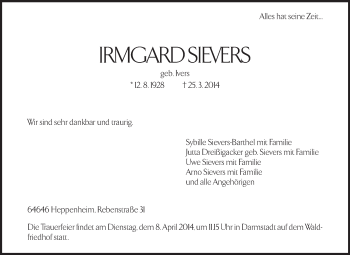 Traueranzeige von Irmgard Sievers von Echo-Zeitungen (Gesamtausgabe)