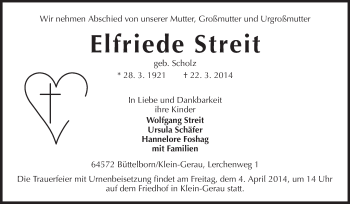 Traueranzeige von Elfriede Streit von Rüsselsheimer Echo, Groß-Gerauer-Echo, Ried Echo