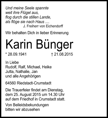 Traueranzeige von Karin Bünger von trauer.echo-online.de