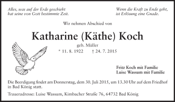 Traueranzeige von Katharine Koch von Odenwälder Echo