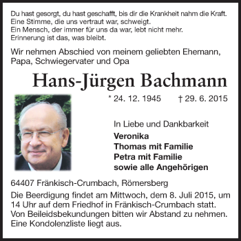 Traueranzeige von Hans-Jürgen Baumann von Odenwälder Echo