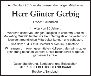 Traueranzeige von Günter Gerbig von Odenwälder Echo