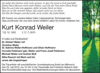 Traueranzeige von Kurt Konrad Weiler von Echo-Zeitungen (Gesamtausgabe)