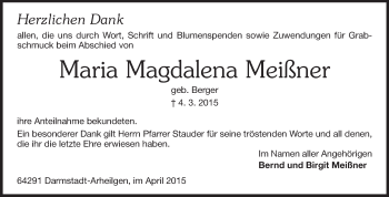 Traueranzeige von Maria Magdalena Meißner von Echo-Zeitungen (Gesamtausgabe)