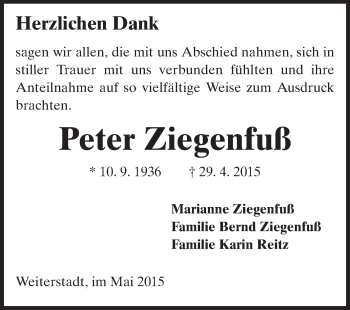 Traueranzeige von Peter Ziegenfuß von Echo-Zeitungen (Gesamtausgabe)