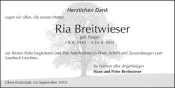 Traueranzeige von Ria Breitwieser von trauer.echo-online.de