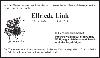 Traueranzeige von Elfriede Link von Rüsselsheimer Echo, Groß-Gerauer-Echo, Ried Echo