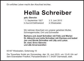 Traueranzeige von Hella Schreiber von Echo-Zeitungen (Gesamtausgabe)