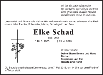 Traueranzeige von Elke Schad von Rüsselsheimer Echo, Groß-Gerauer-Echo, Ried Echo