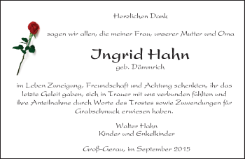 Traueranzeige von Ingrid Hahn von trauer.echo-online.de