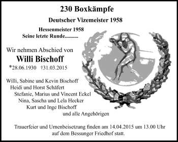 Traueranzeige von Willi Bischoff von Echo-Zeitungen (Gesamtausgabe)