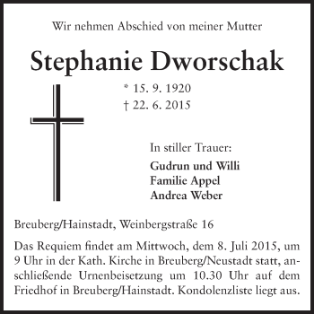 Traueranzeige von Stephanie Dworschak von Odenwälder Echo