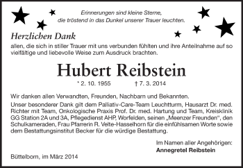 Traueranzeige von Hubert Reibstein von Rüsselsheimer Echo, Groß-Gerauer-Echo, Ried Echo