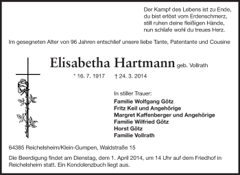 Traueranzeige von Elisabetha Hartmann von Odenwälder Echo