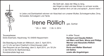Traueranzeige von Irene Röllich von Starkenburger Echo