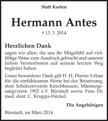 Traueranzeige von Hermann Antes von Starkenburger Echo