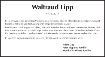 Traueranzeige von Waltraud Lipp von Echo-Zeitungen (Gesamtausgabe)