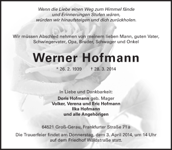 Traueranzeige von Werner Hofmann von Rüsselsheimer Echo, Groß-Gerauer-Echo, Ried Echo