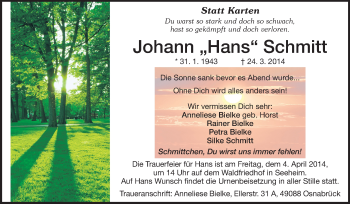 Traueranzeige von Johann Schmitt von Echo-Zeitungen (Gesamtausgabe)