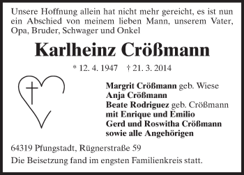 Traueranzeige von Karlheinz Crößmann von Echo-Zeitungen (Gesamtausgabe)
