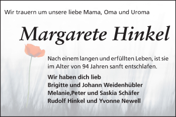 Traueranzeige von Margarete Hinkel von Echo-Zeitungen (Gesamtausgabe)